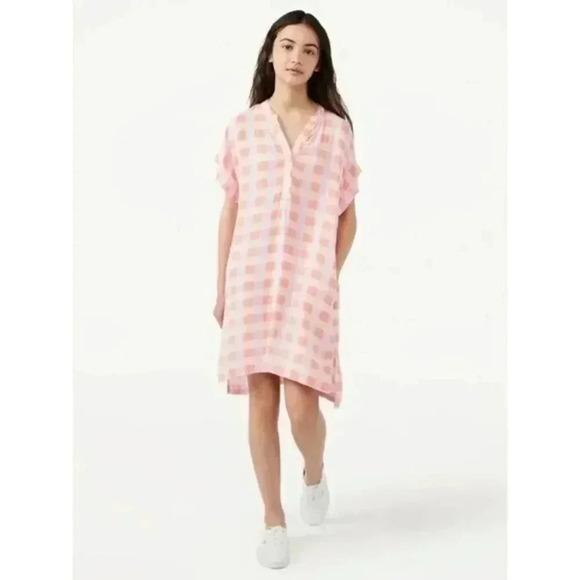 Free Assembly Pink & Orange Plaid Caftan Short Sleeve Mini Dress L - Picture 1 of 8